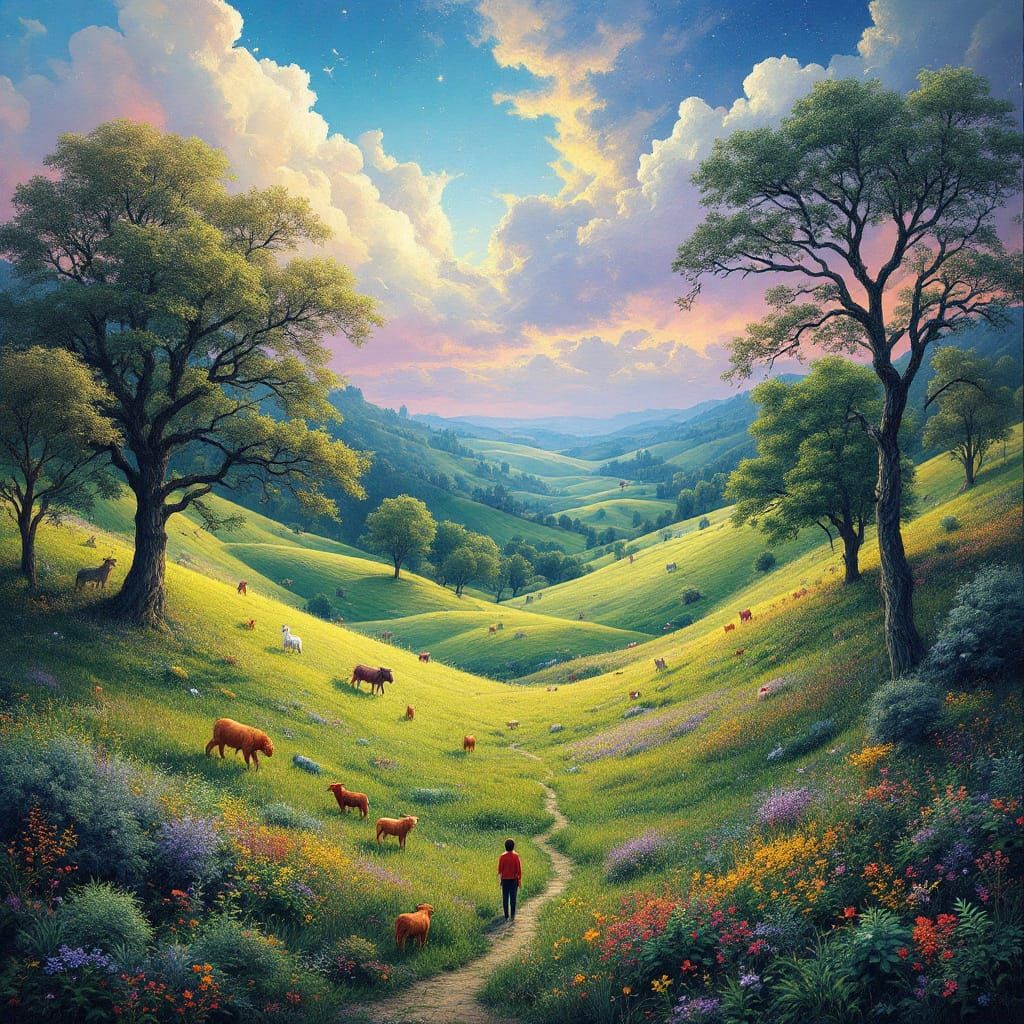 Magical Realism Landscape with Figure and Exotic Animals