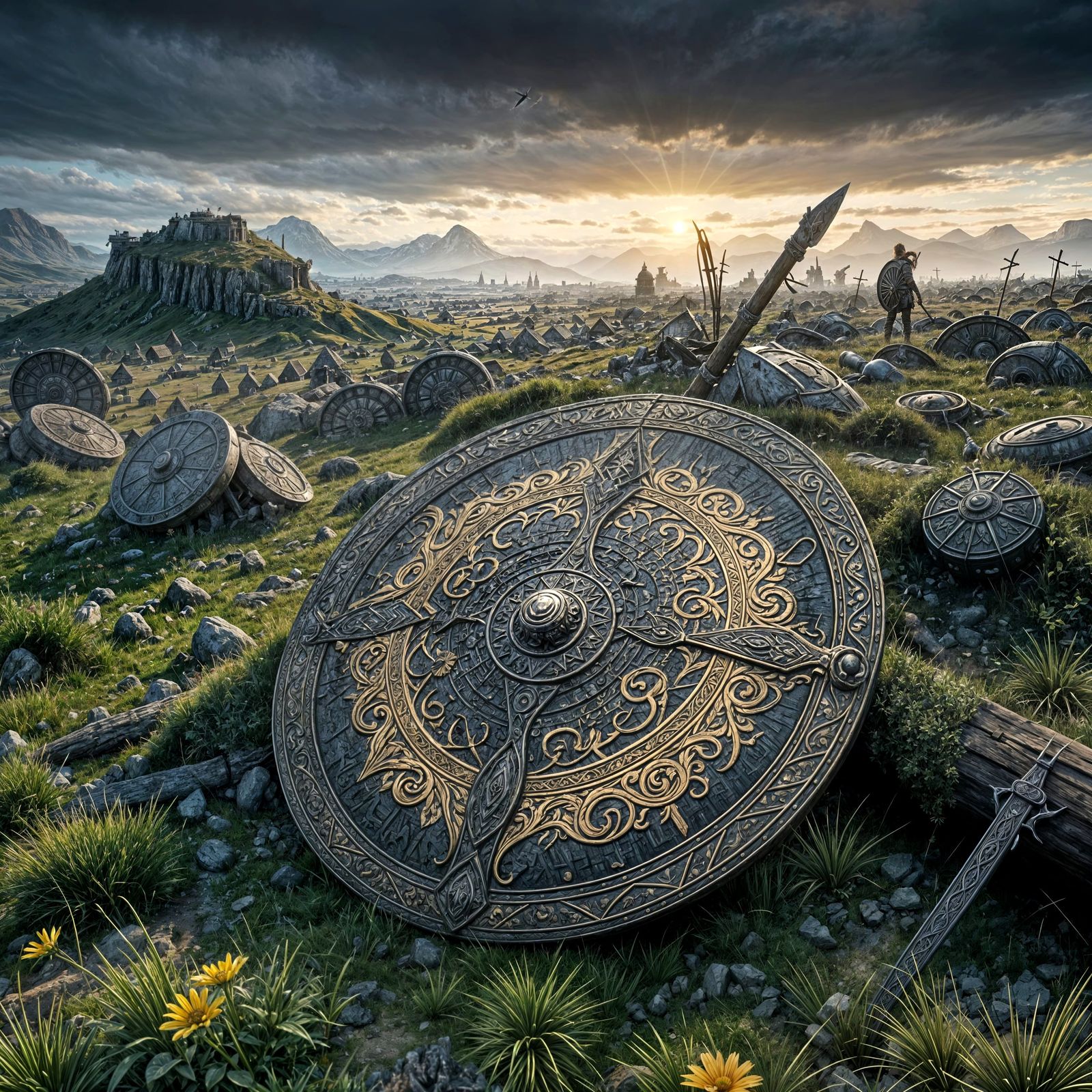 Dented Viking Shield Propped on a Fallen Warrior