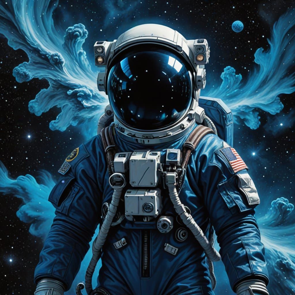 Space Explorer in Cosmic Blue Nebula