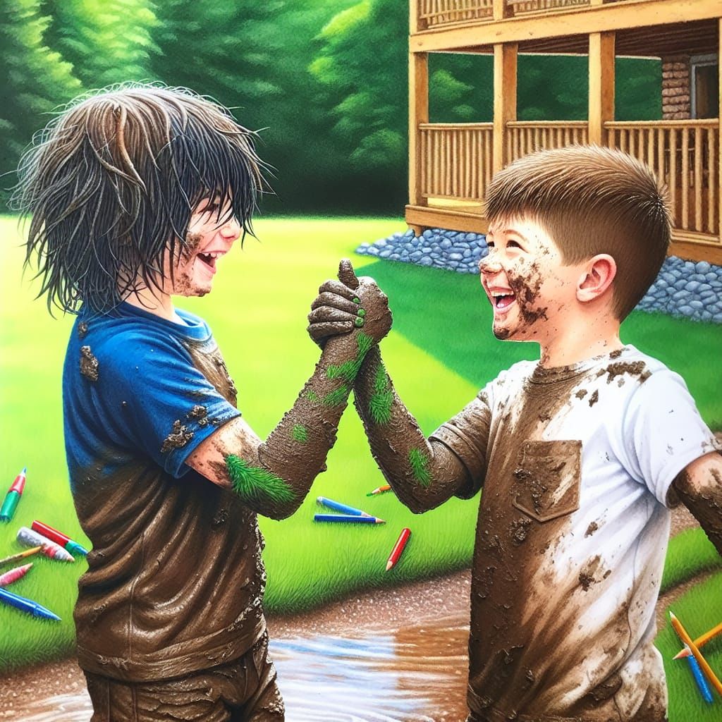 Two Cheerful Boys in a Muddy Painterly Landscape