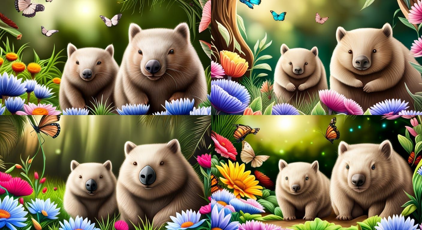Wombat Mother and Baby in Mystical Flower Garden