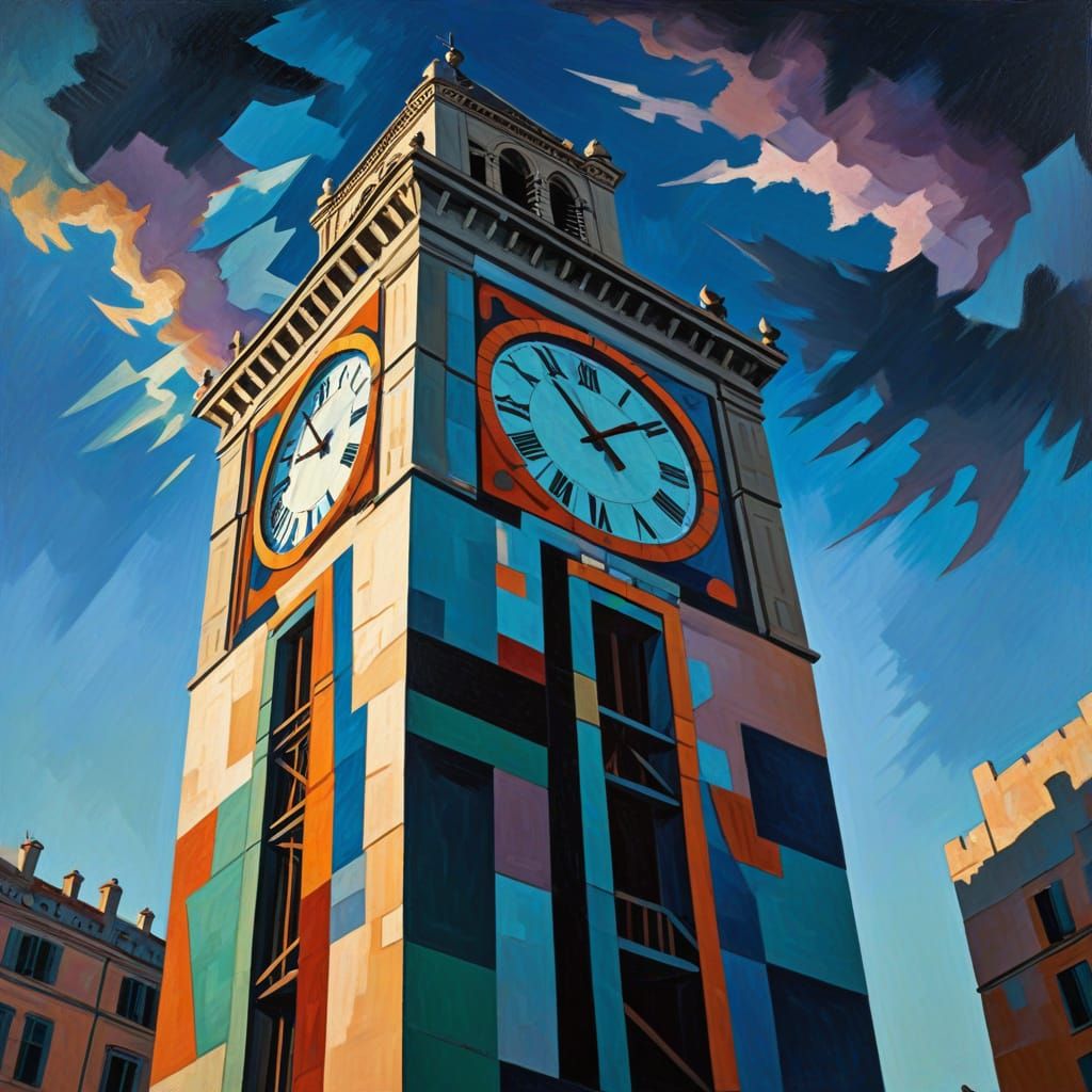 Colossal Clock Tower Against Twilight Sky in Cubist Style