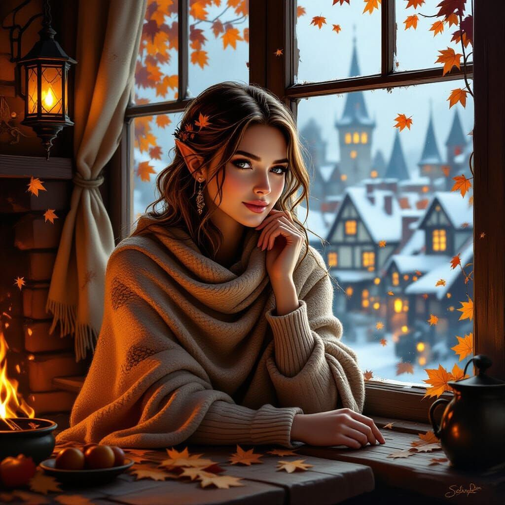 Elf Woman in Tavern by Fireplace, Autumn Evening