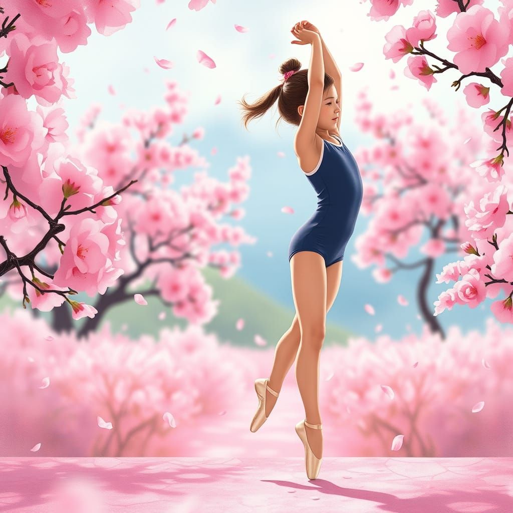 Gymnast Among Cherry Blossoms in Vibrant Pastel Colors