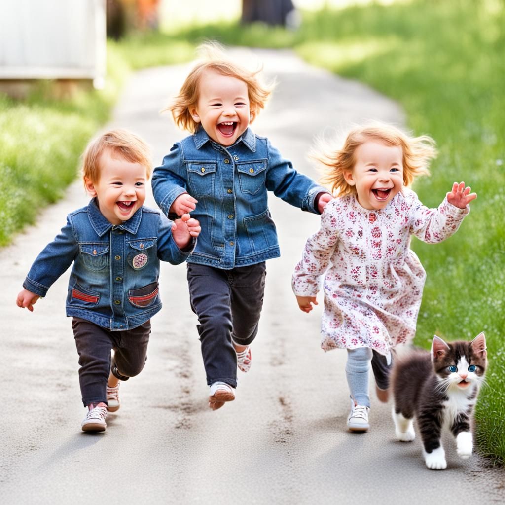 Cute Kids Walking with Kittens