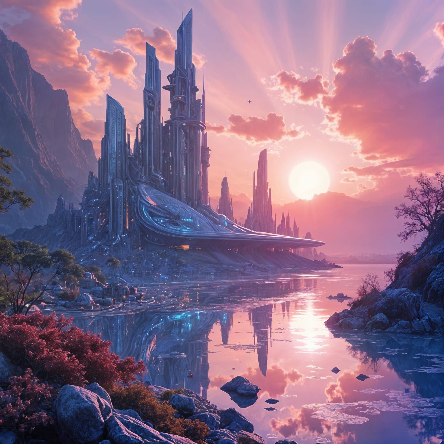 Iridescent Alien City at Sunset in Digital Art Style