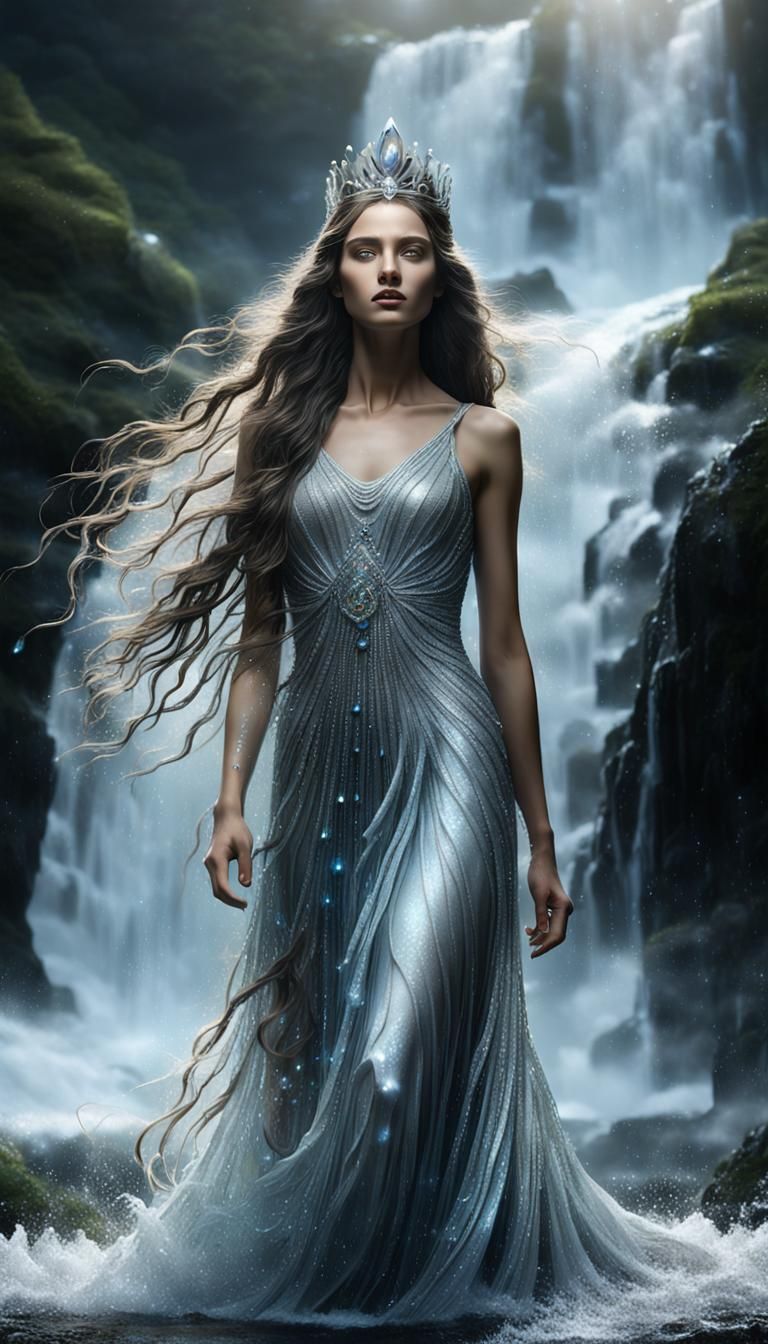 Majestic Woman Emerging from Waterfall in 3D Anime Style