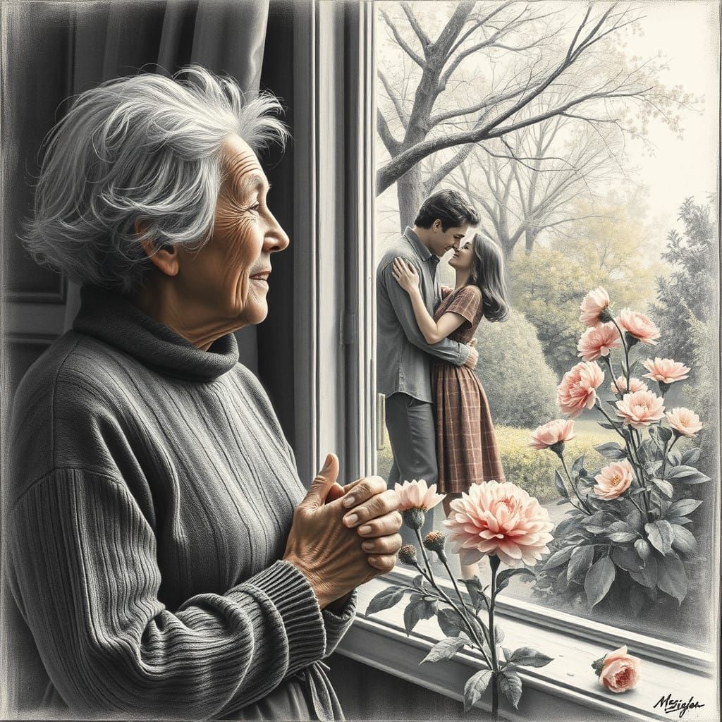 Elderly Woman Longs for Spring Love in a Charcoal Drawing