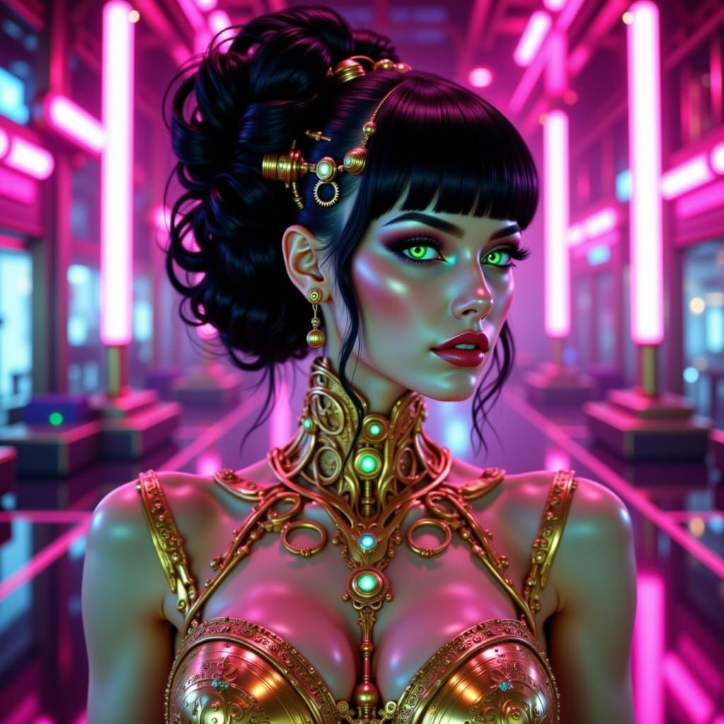 Cyberpunk Robot Woman in Gold Victorian Dress