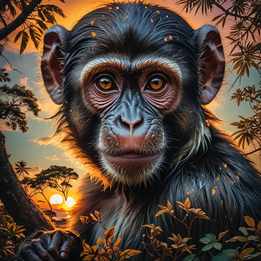 Sunset Monkey Double Exposure: Hyperrealistic Image