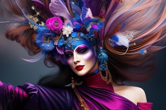 Masked Venetian Woman Dancing, Cel-Shaded Illustration