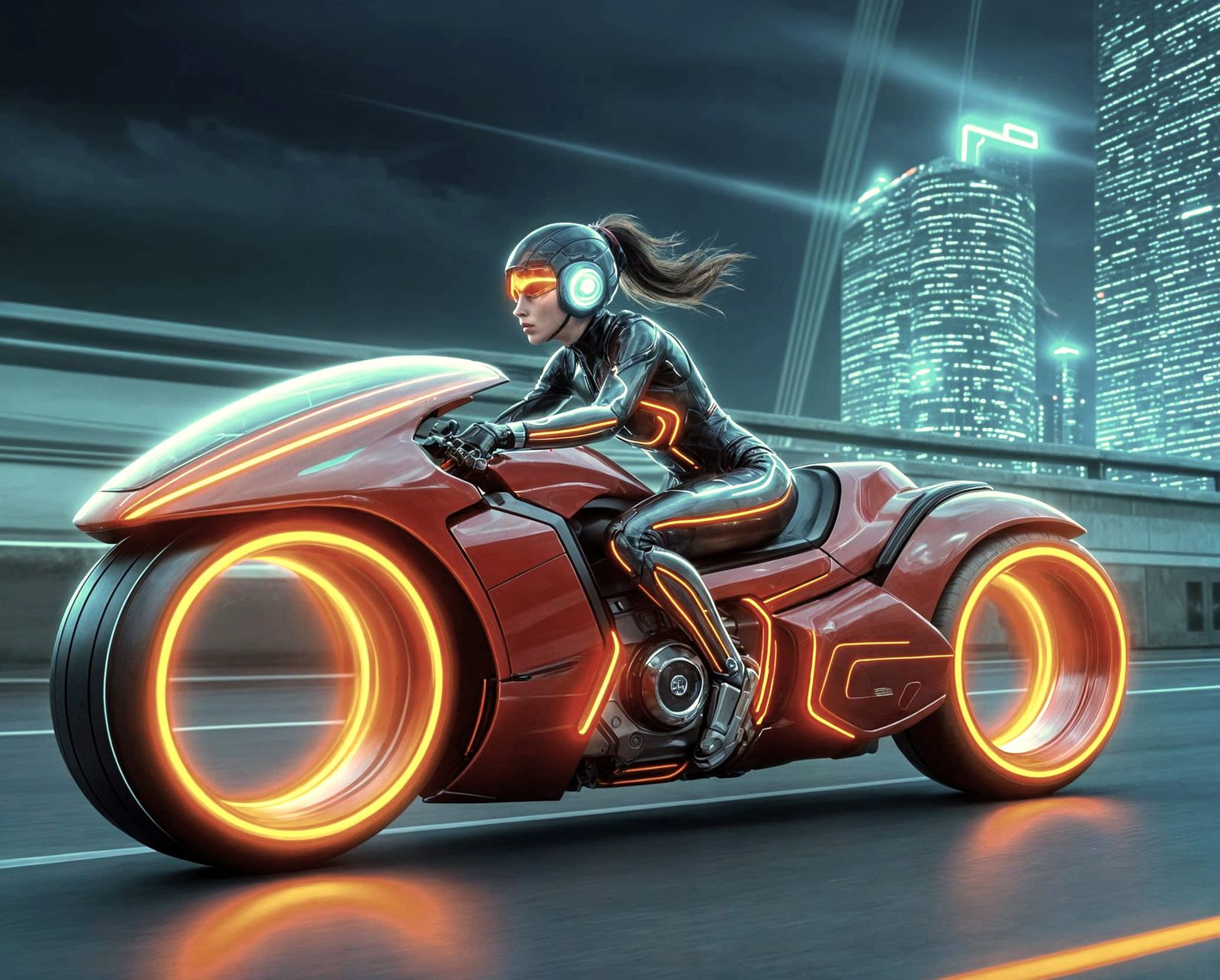 Cyberpunk Woman on Light Cycle in Ghibli Anime Style