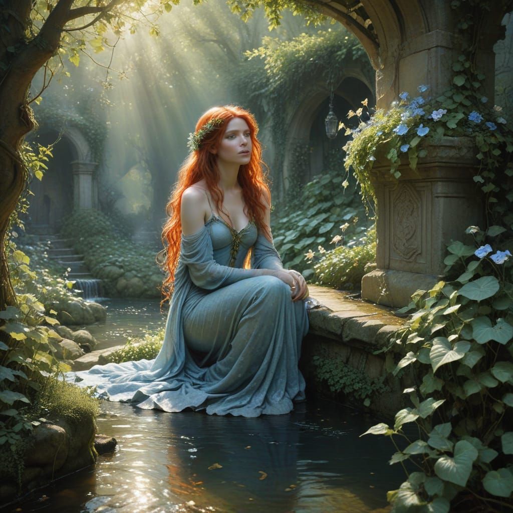 Young Mermaid in Harmony with Nature in a Dwarven Village