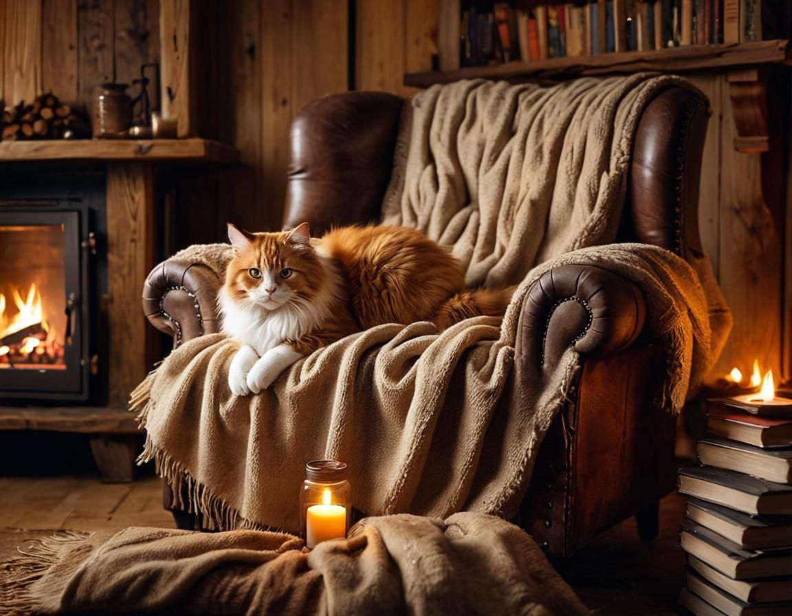 Cozy Cabin Scene with Cat by Fireplace