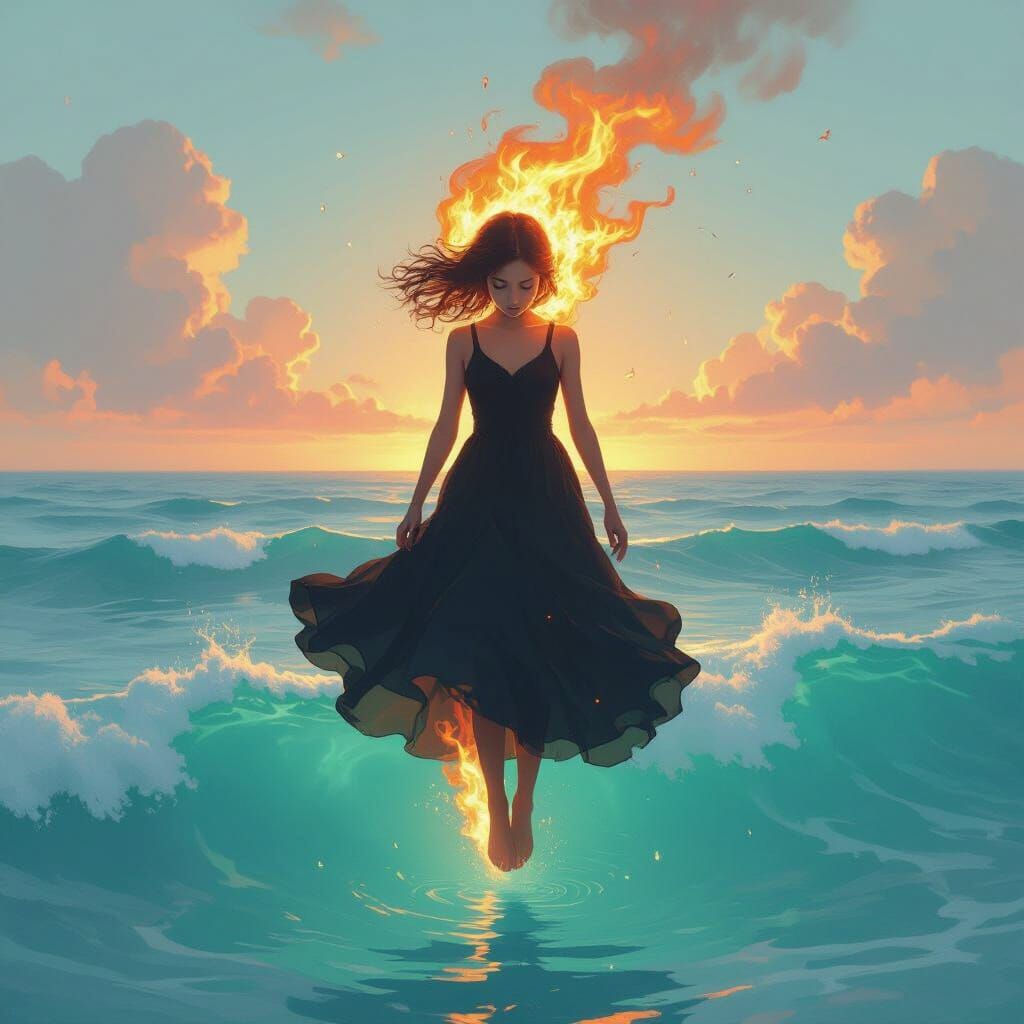 Fiery Girl Hovering Over Turquoise Ocean in Ethereal Light