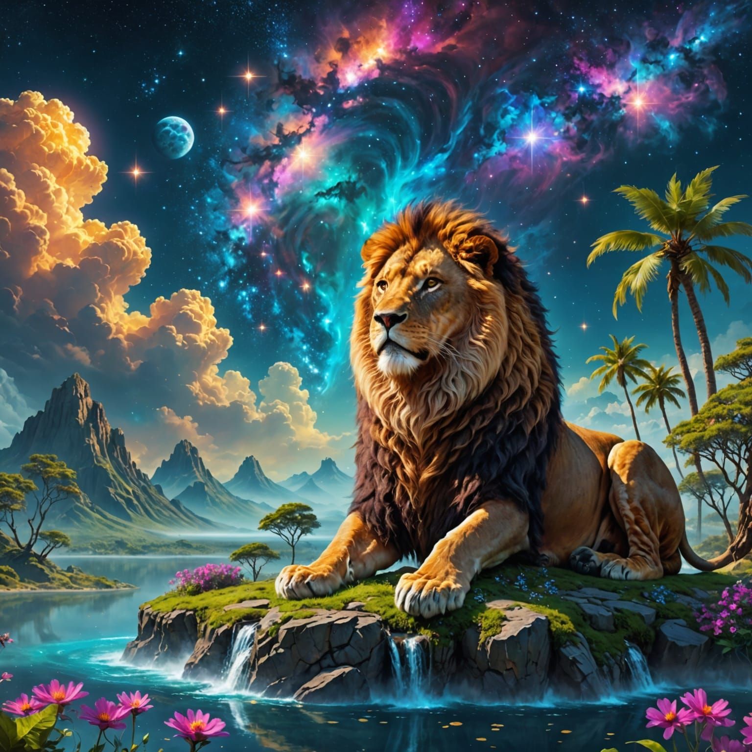 Cosmic Lion on Floating Island Amidst Nebula