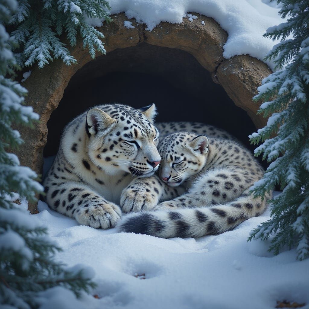 Snow Leopard Mother and Cubs in Winter Forest