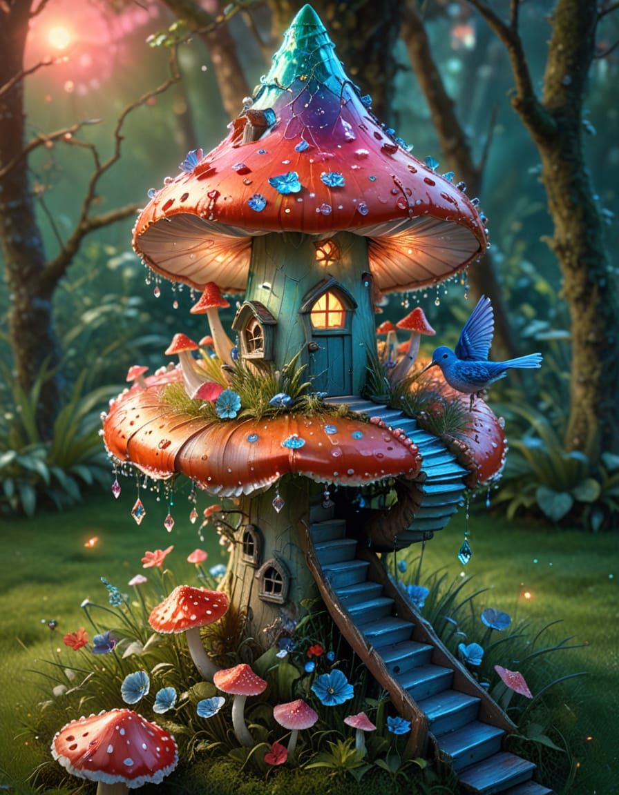 Whimsical Mushroom Birdhouse in Fantasy Art Style
