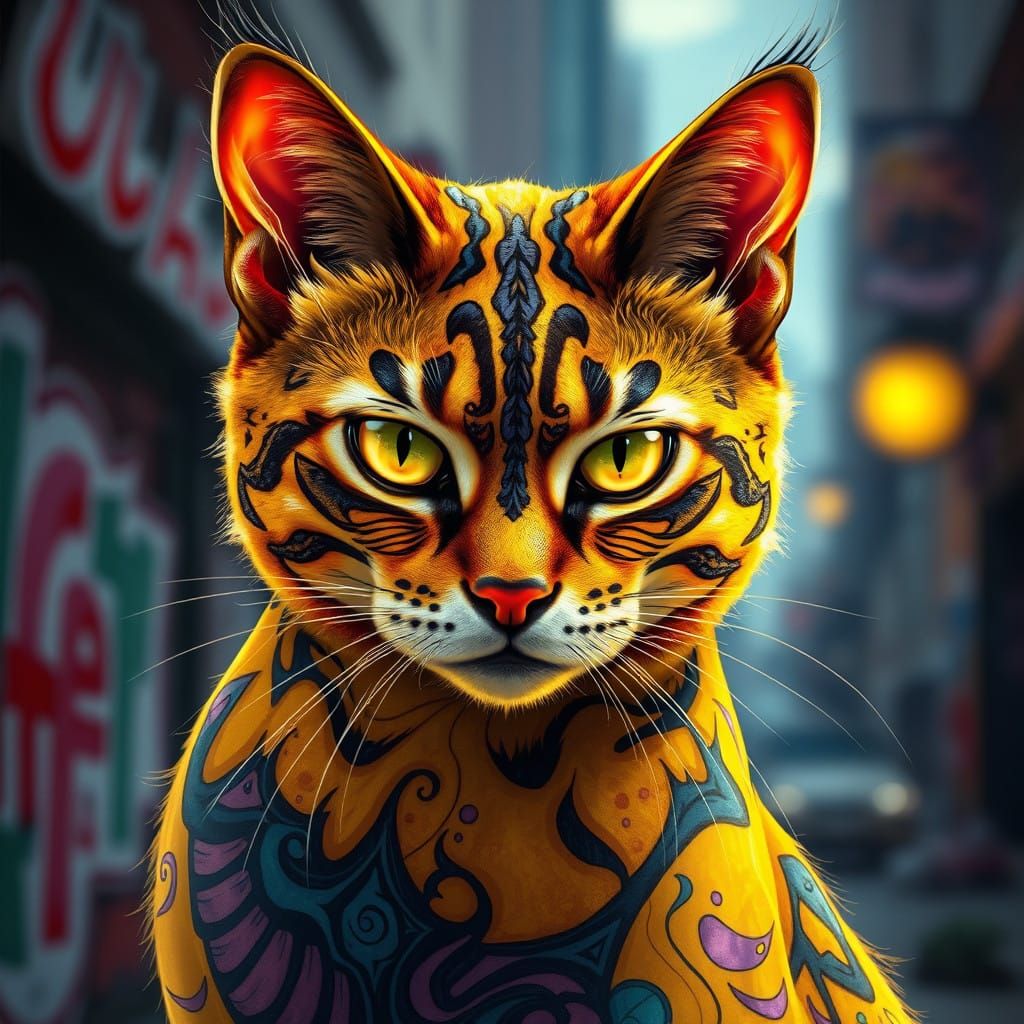 Vibrant Graffiti Cat with Triadic Fur and Urban Landscape