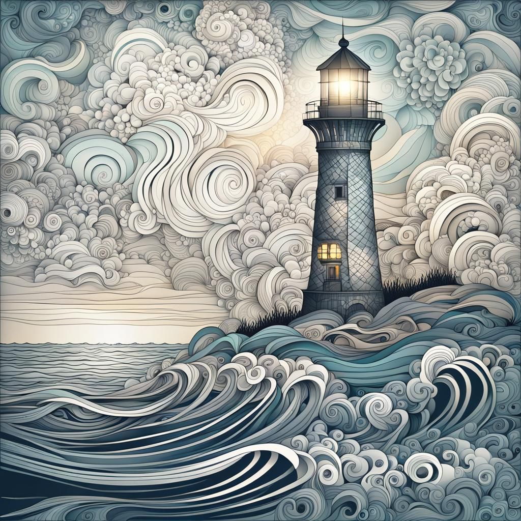 Zentangle Lighthouse on Shore with Shining Light