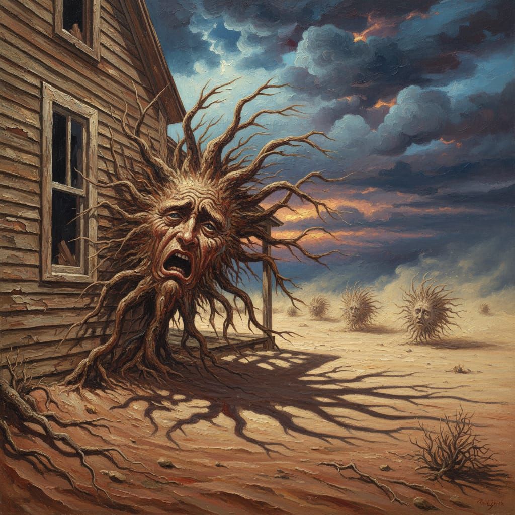 Tumbleweed Faces Old West Farmhouse in Surreal Oil Painting