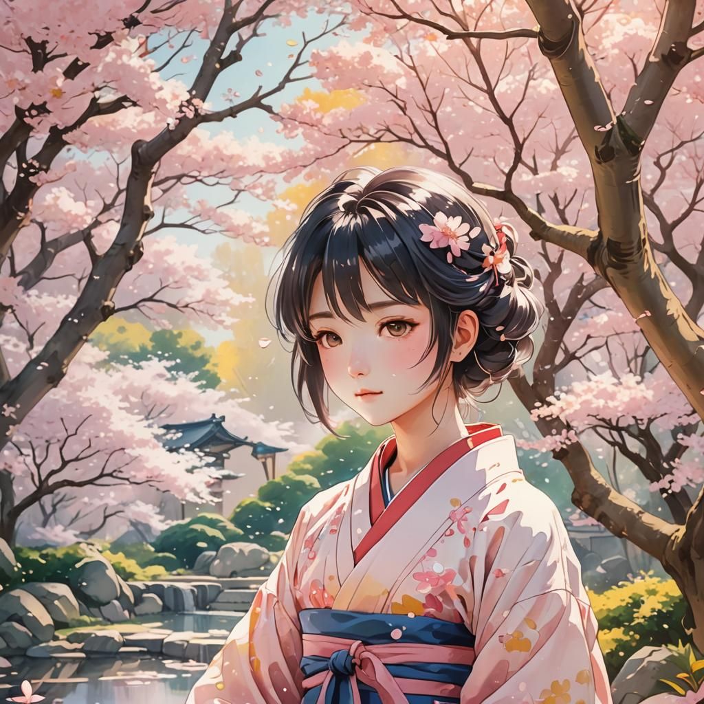 Anime Mizu in Sakura Garden, Watercolor Style