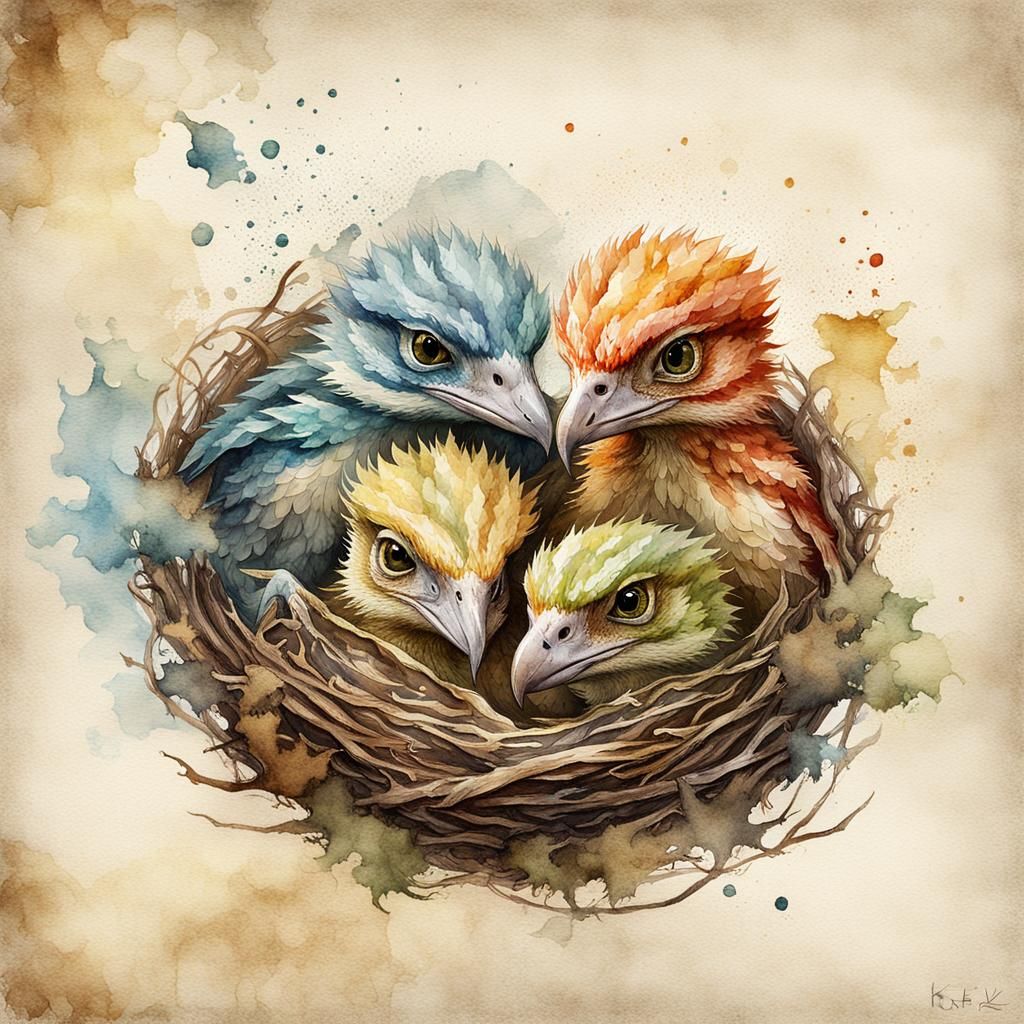 Baby Raptors in Whimsical Watercolor Nest