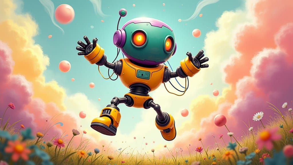 A whimsical illustration featuring joyful robot jumping in m...