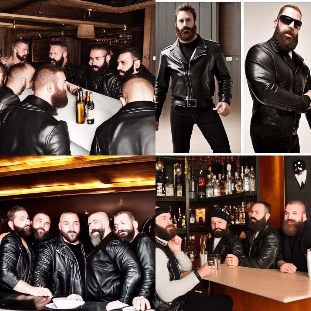 Burly Bearded Men in Leather Jackets at Bar