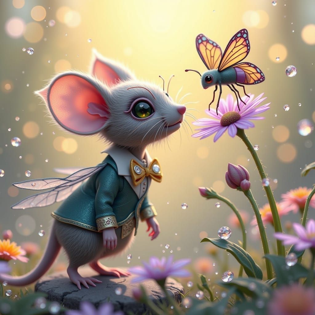 Cute Mouse in Suit Admires Butterfly on Flower