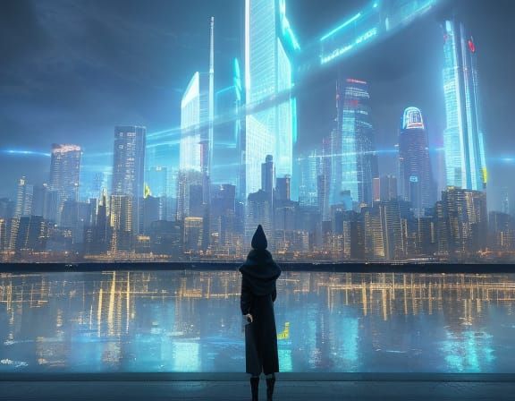 Cyberpunk Cityscape with Holographic Display and Glowing Cha...