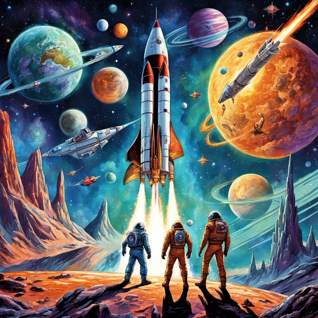 Heroes of the Cosmos in a 1950s Comic Book Style