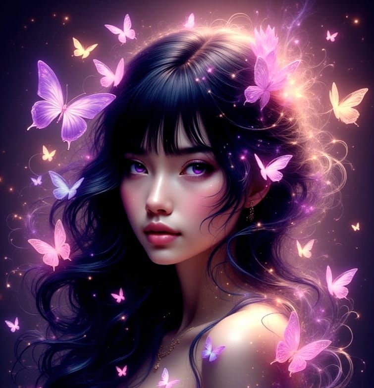 Ethereal Woman With Purple Butterflies and Fairy Lights