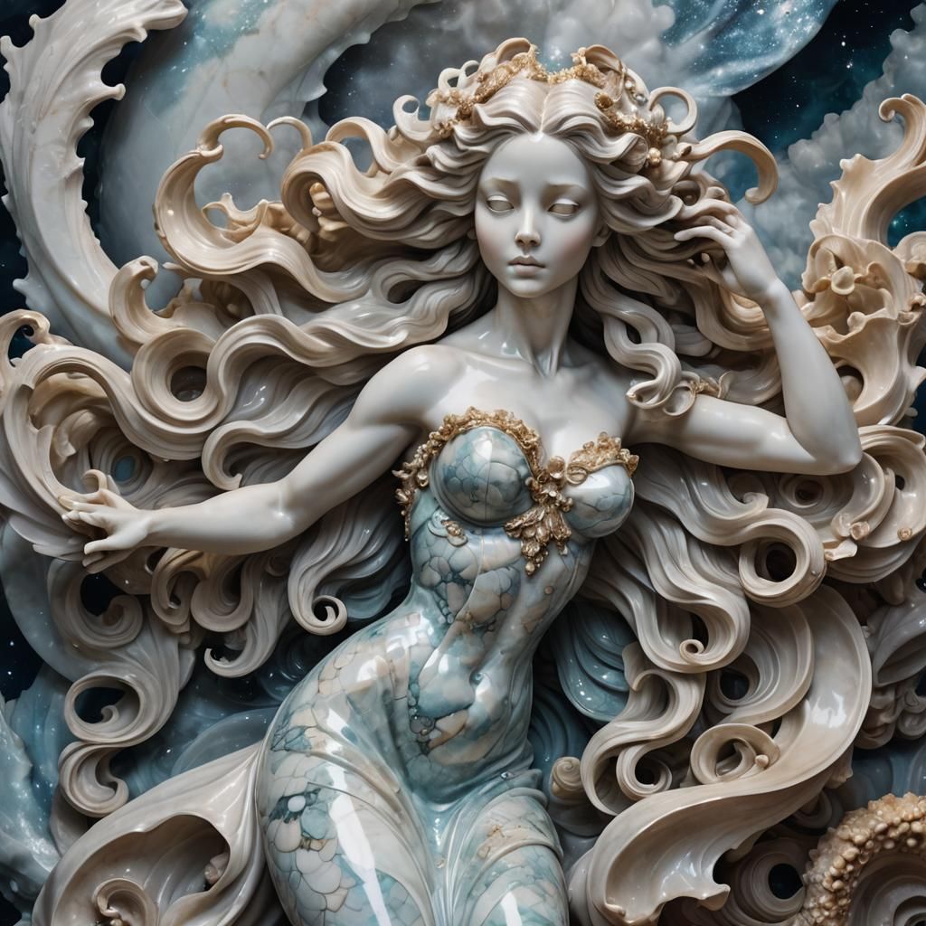 Alien Mermaid Emerges from Nebula in Baroque Sculpture