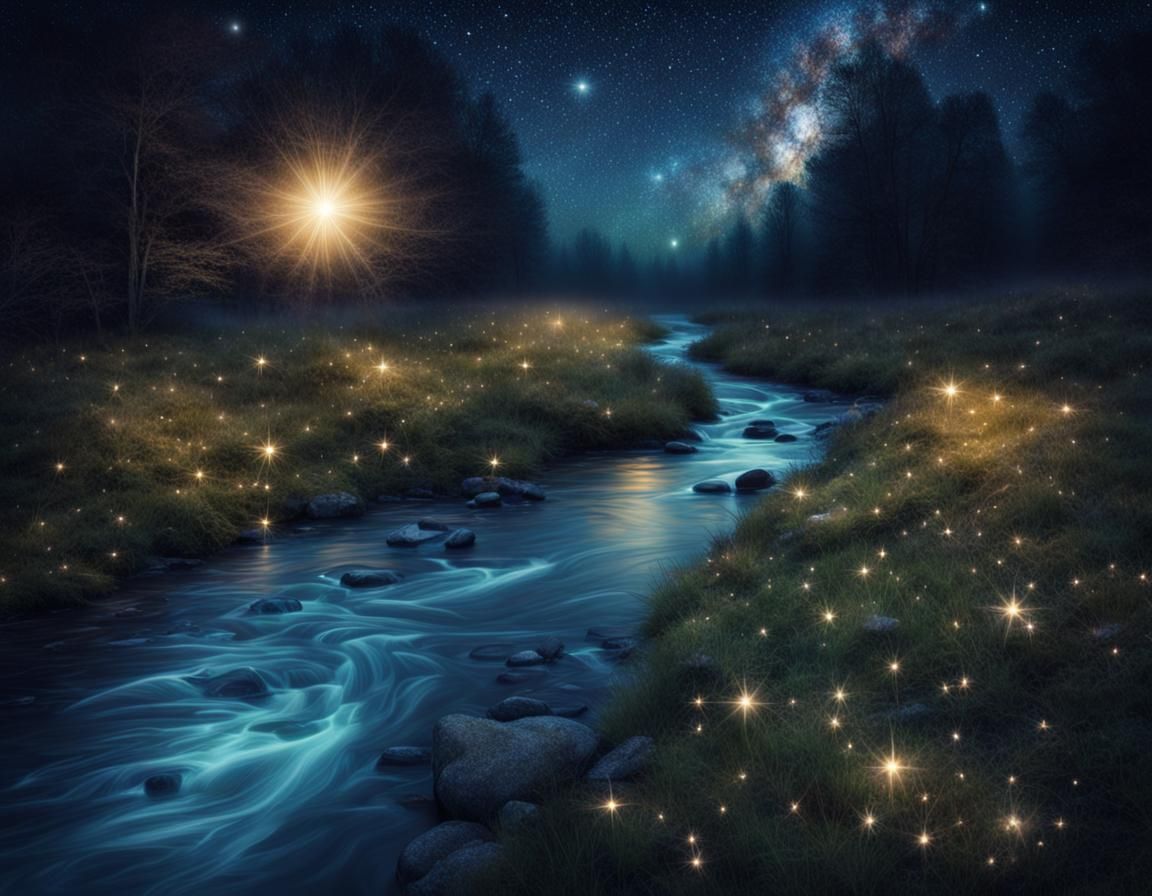 Dreamy Stream at Night Under Sparkling Stars