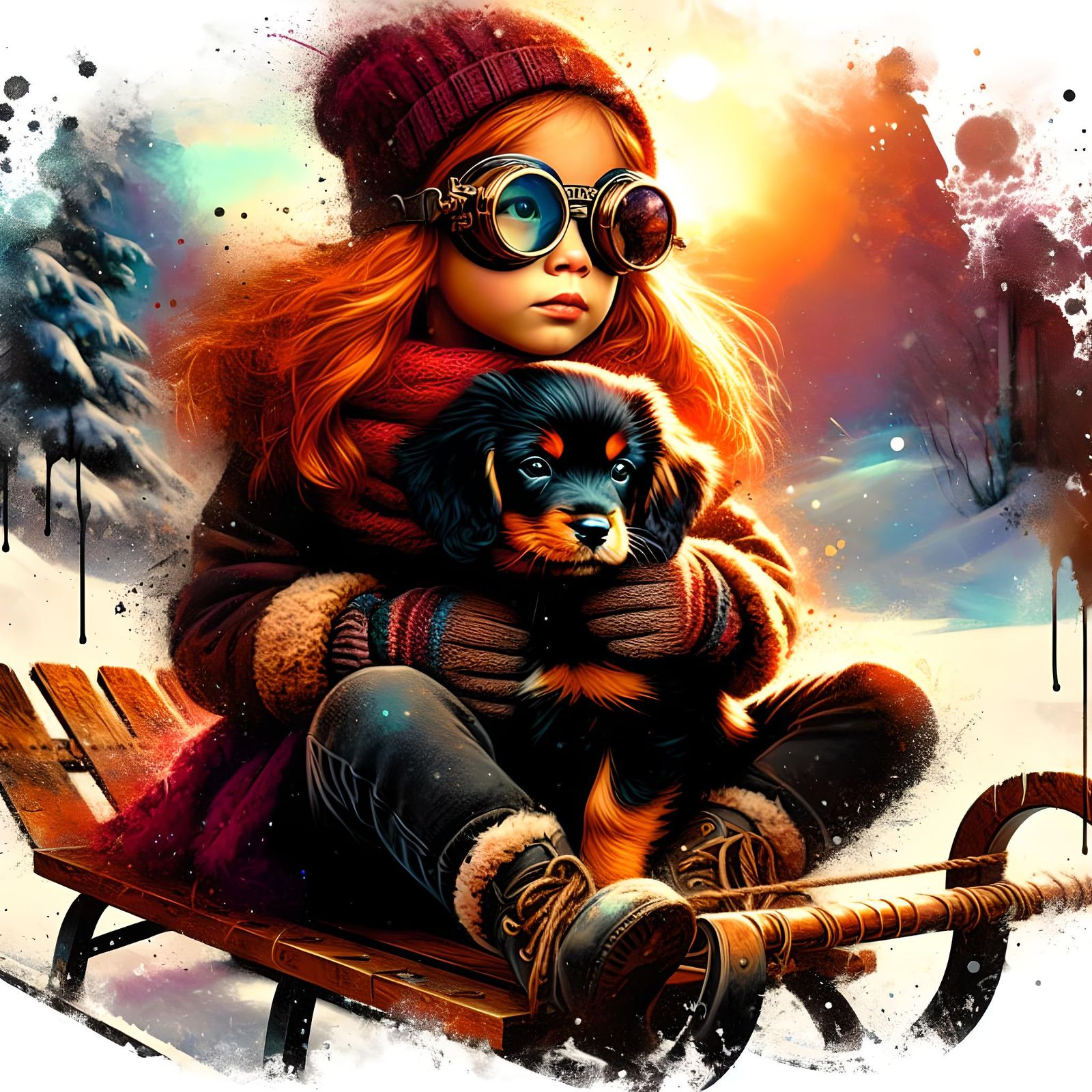 Girl and Puppy in Steampunk Goggles on Winter Sled