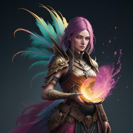 Pink Woman with Peacock Feathers, Fantastical Concept Art