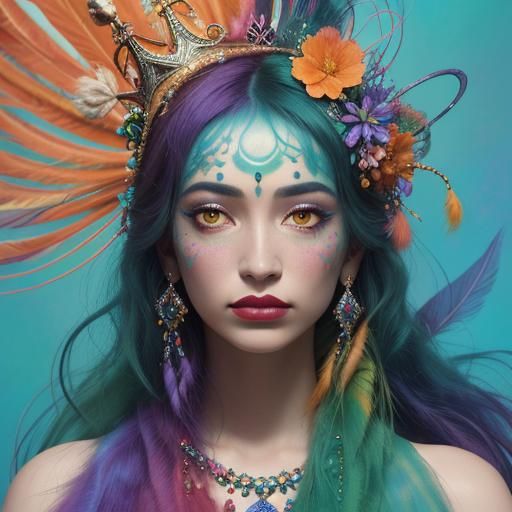 Surreal Woman with Peacock Feathers, Macro Photography