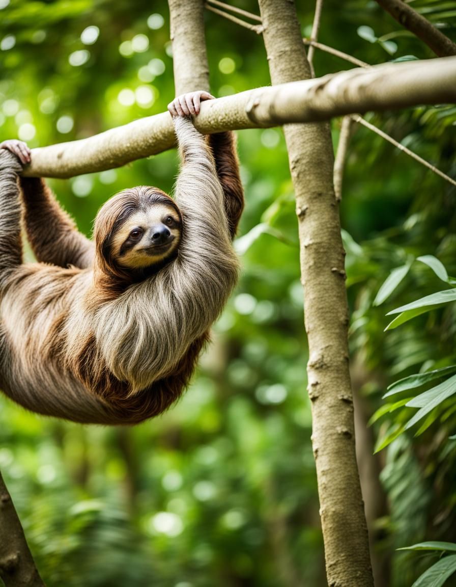 A Playful Sloth in the forest, area of it's natural habitat, hanging, swinging on a limb, crisp, sharp, focus, looking a...