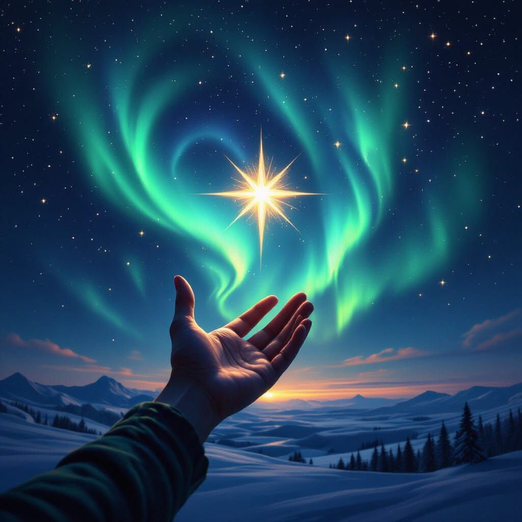 Hand Reaches for Radiant Christmas Star Amidst Aurora Boreal...
