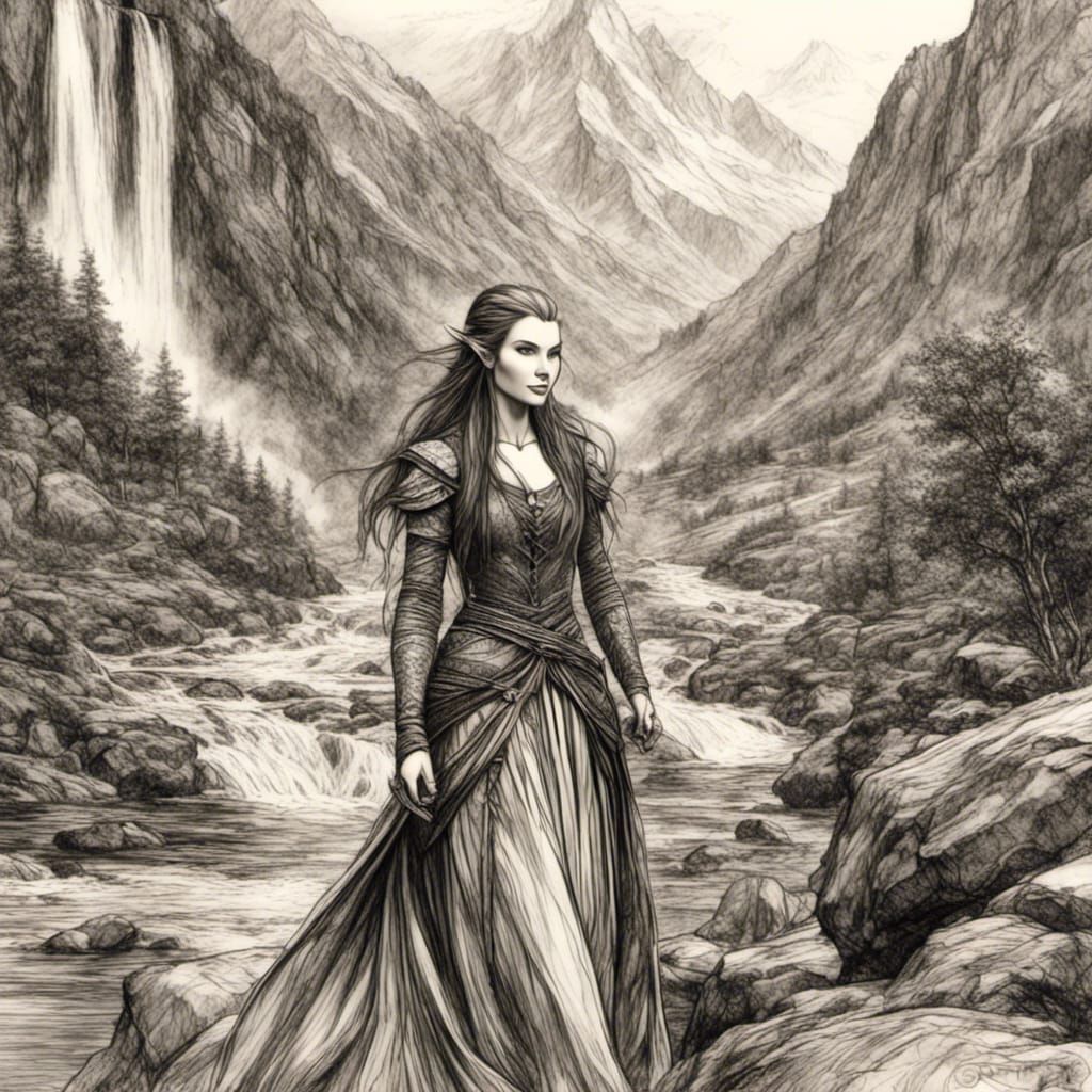 Tauriel Sketch with Pyrography Waterfall Background