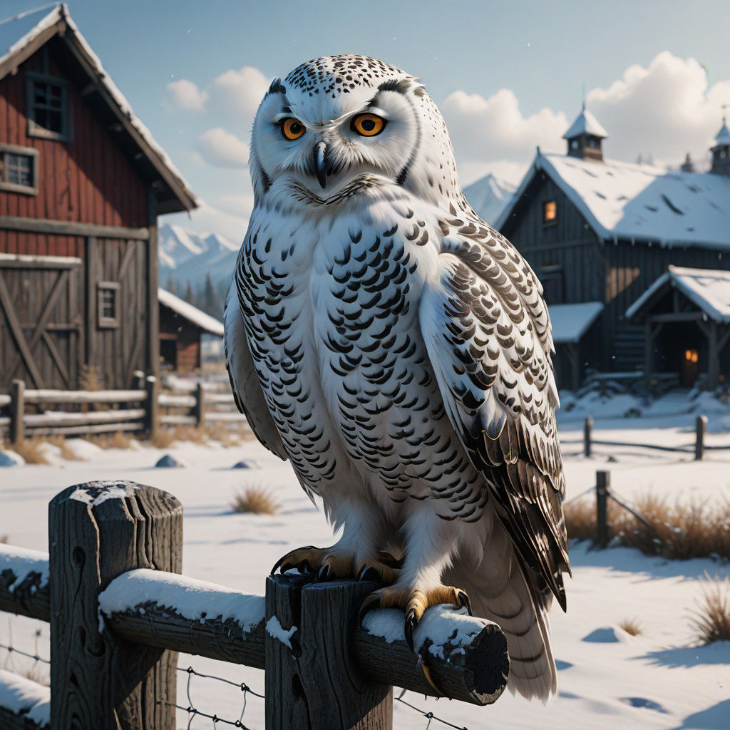 Winter Barn Scene with Majestic White Owl