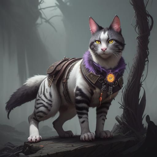 Detailed Feral Cat with Bird Skull Pendant