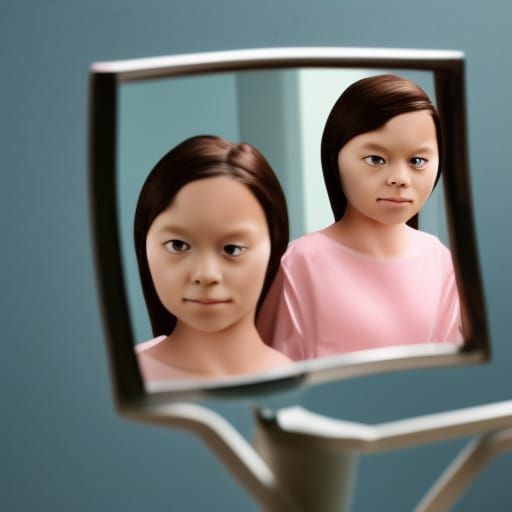Twin sisters looking in the mirror