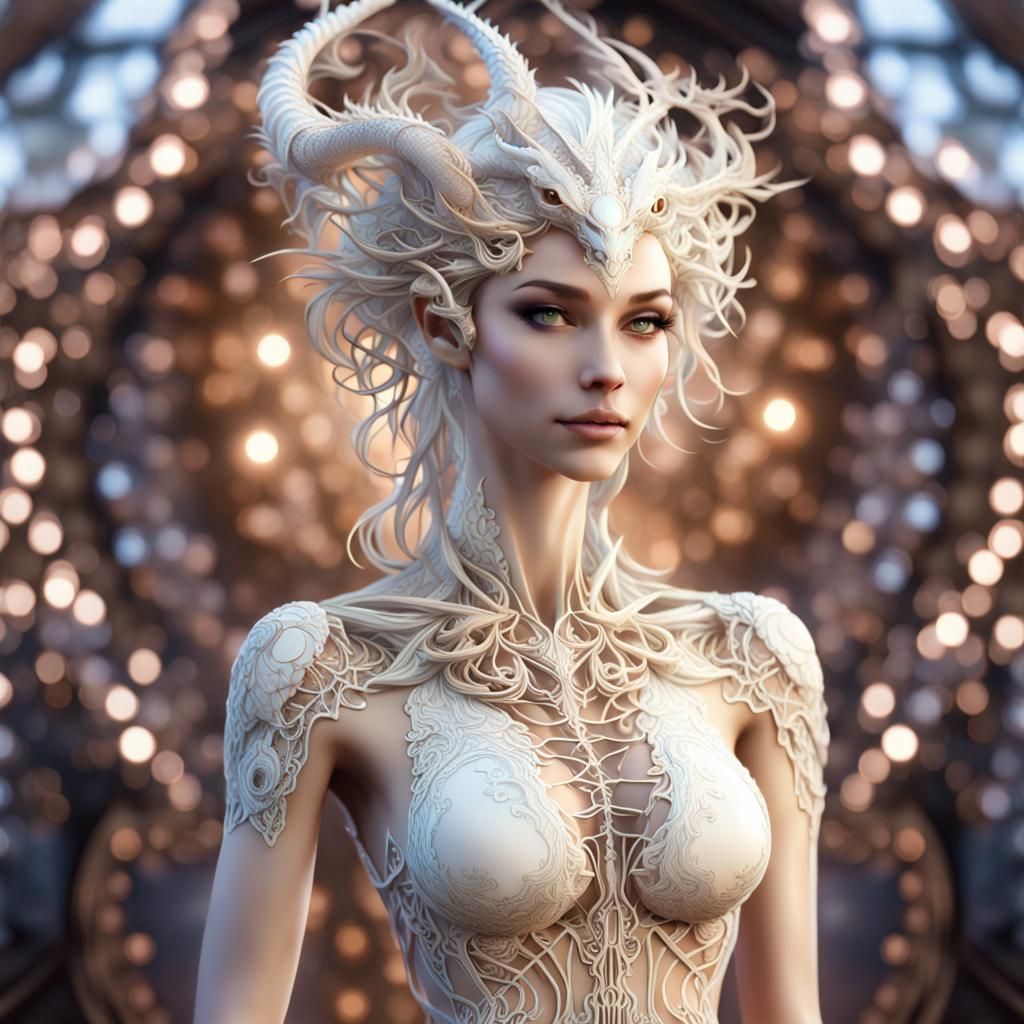 Opalescent Dragon Portrait in Biomechanical Style