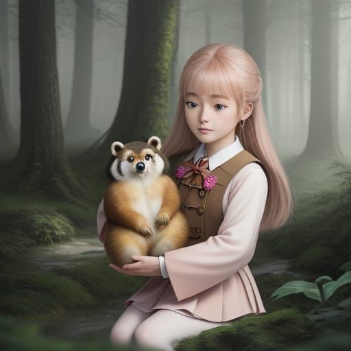 Innocent Magical Girl Holds Tanuki in Whimsical Forest Scene