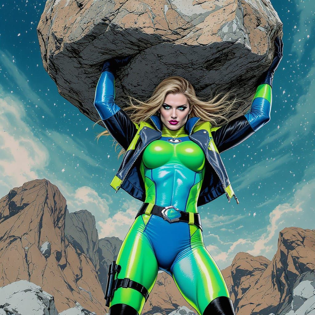 Superwoman with Boulder in Comic Book Art Style