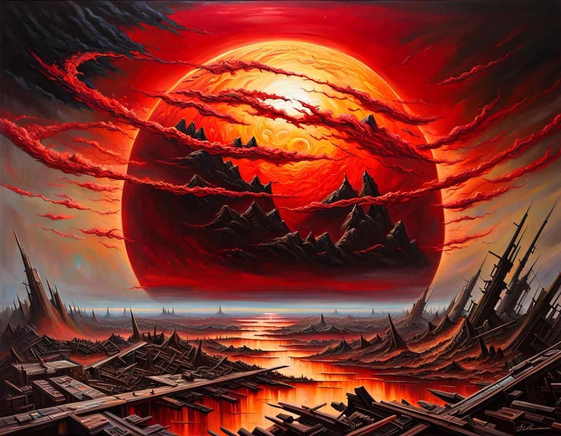 Apocalyptic Red Sun Over Destroyed Earth: Oil Painting