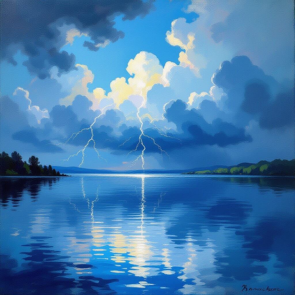 Monet-Inspired Seascape: Stormy Mountain Lake Reflection