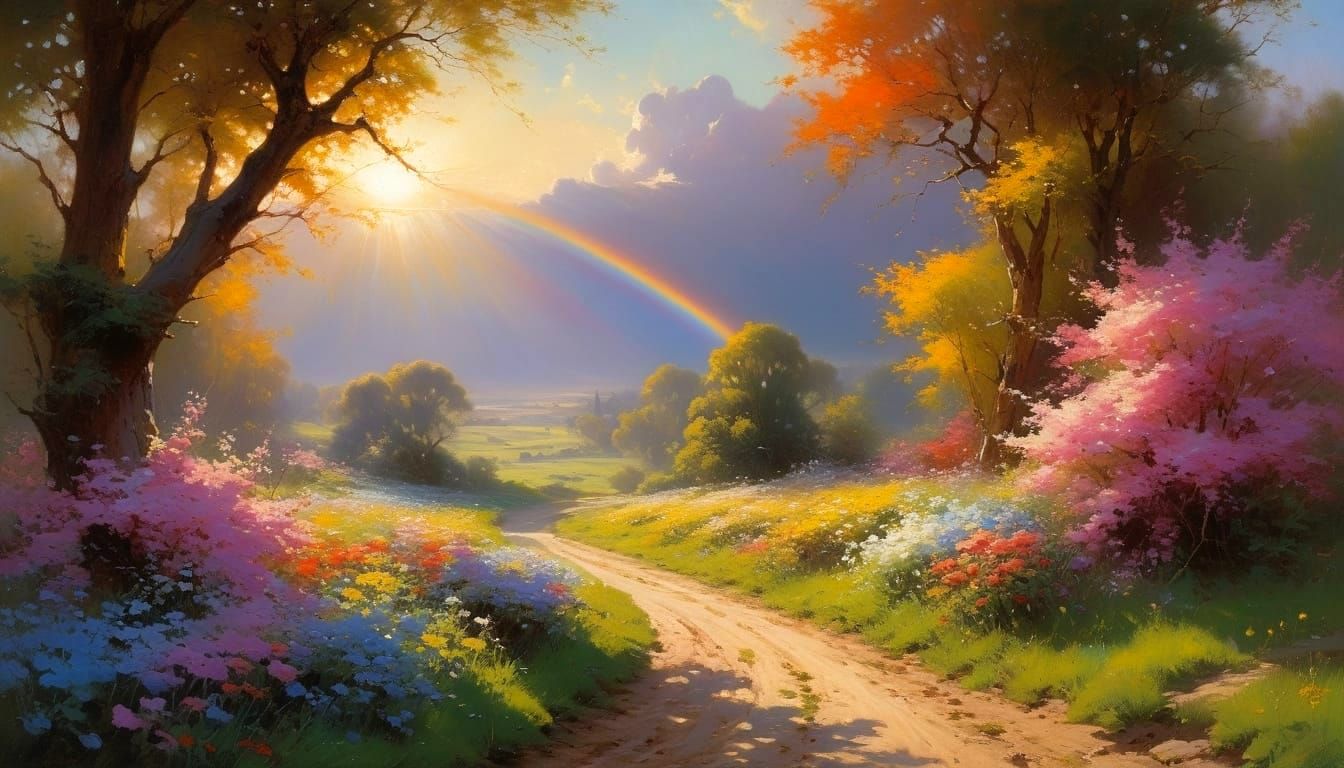 Vibrant Crepuscular Landscape in Enamel Relief Style